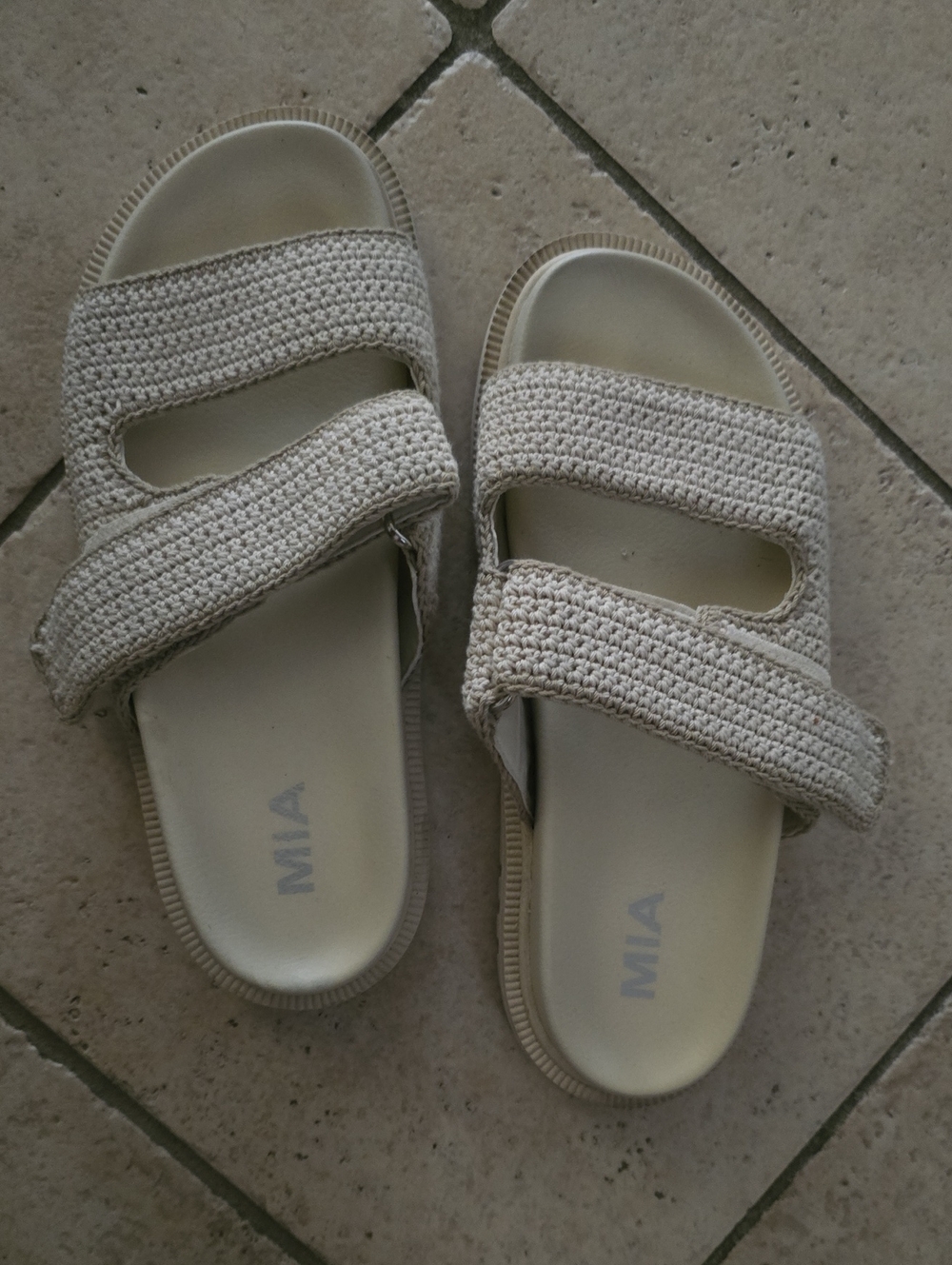 MIA Women's Beige Crochet Double-Strap Slide Sandals
